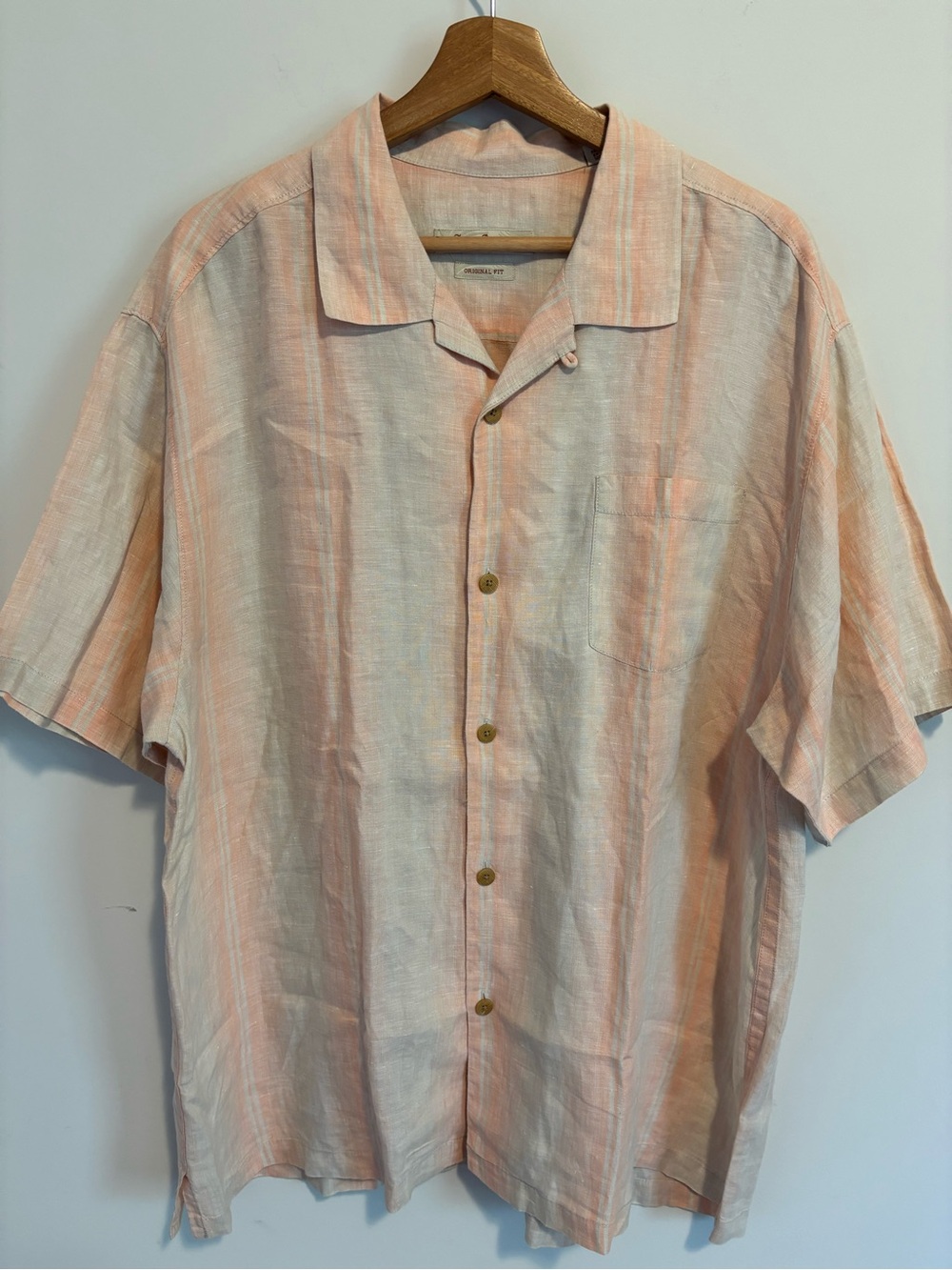 Tommy Bahama Mens XL Linen Short Sleeve Button Down Shirt Orange Stripe Camp